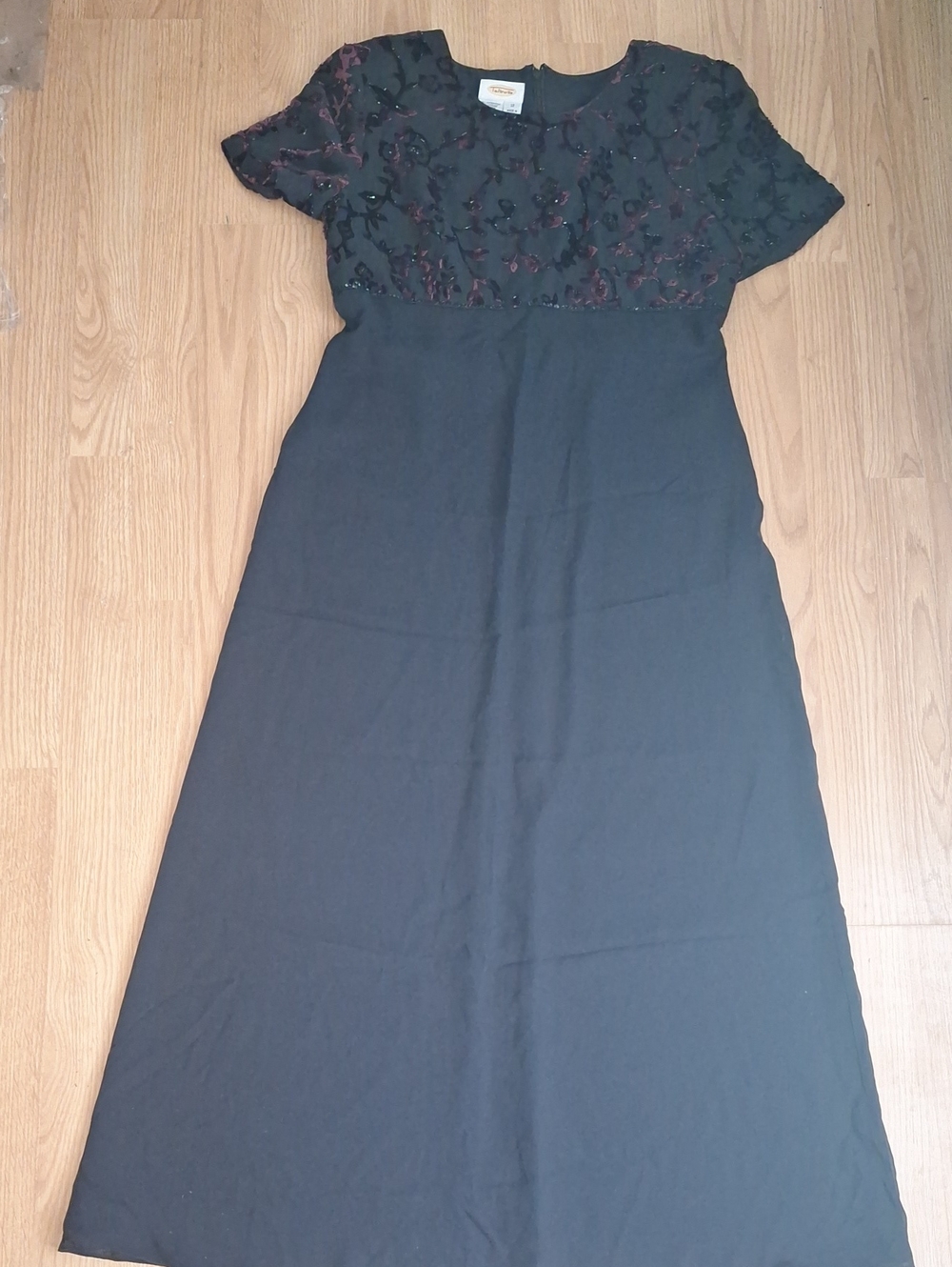 Vintage Talbots Black Maxi Dress with Embroidered Burgundy Accents